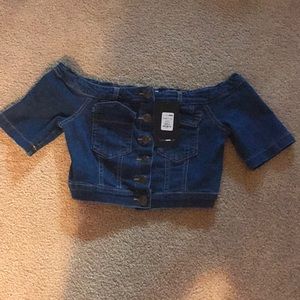 Dark wash denim button front off the shoulder top